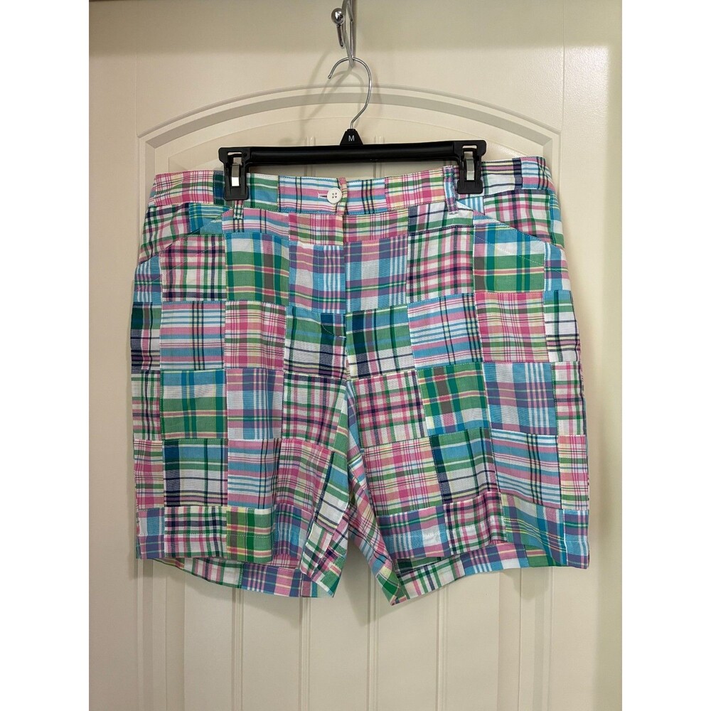 Talbots Womens 14 Patchwork Plaid Shorts Multicolor Pastel Cotton Madras Preppy